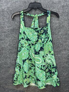 Lands’ End Tankini Swim Top Womens 10P Green Blue Paisley Underwire Square Neck
